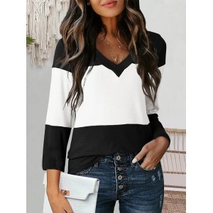 Women's Long Sleeve Tee T-shirt Spring/Fall Color Block Jersey V Neck Daily Going Out Casual Top