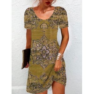 Women's Short Sleeve Summer Ethnic Jersey Dress Crew Neck Vacation Going Out Casual Mini H-Line TUNIC