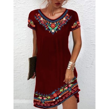 Women's Short Sleeve Summer Ethnic Jersey Dress Crew Neck Daily Going Out Casual Mini H-Line TUNIC
