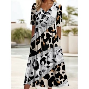 Women's Short Sleeve Summer Leopard Dress V Neck Daily Going Out Casual Maxi A-Line