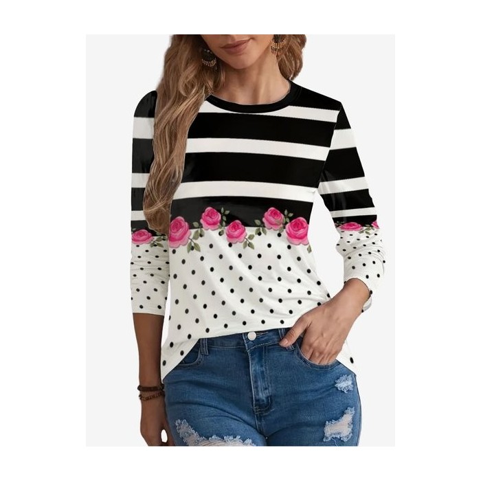 Women's Long Sleeve Tee T-shirt Spring/Fall Striped Jersey Crew Neck Holiday Going Out Casual Top