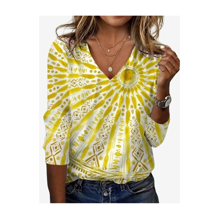 Women's Ethnic Sunshine Print Long Sleeve V Neck T-Shirt