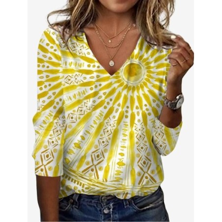 Women's Ethnic Sunshine Print Long Sleeve V Neck T-Shirt