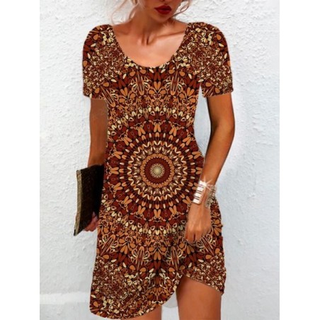 Women's Short Sleeve Summer Ethnic Jersey Dress Crew Neck Daily Going Out Casual Mini H-Line TUNIC