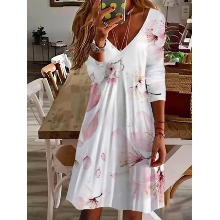 Women's Long Sleeve Summer Floral Jersey Dress V Neck Holiday Going Out Casual Midi A-Line TUNIC