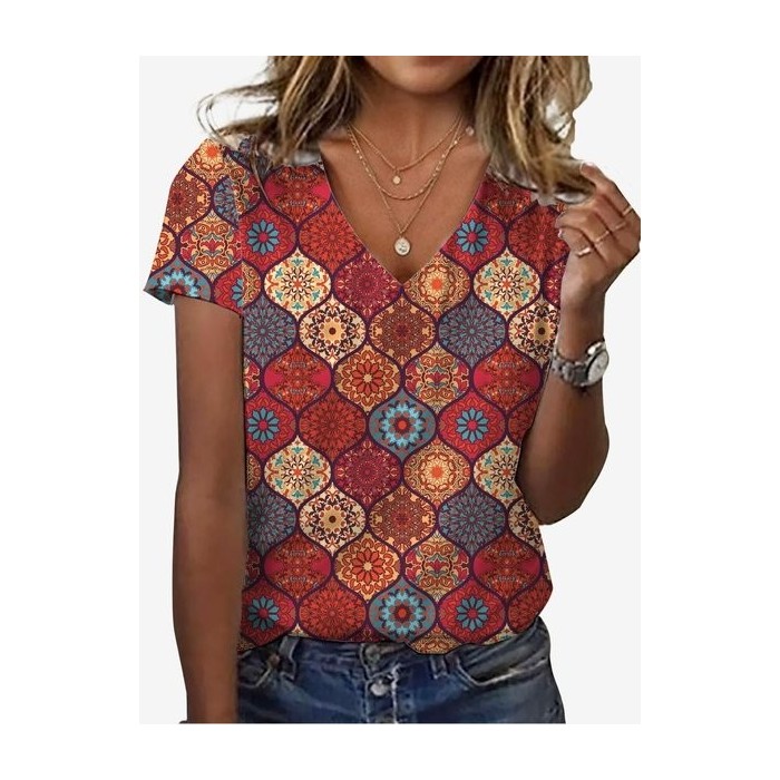 Women's  Moroccan Print V-Neck Short Sleeve Summer T-shirt
