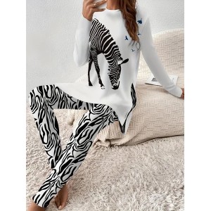 Women's Jersey Zebra Daily Going Out Two Piece Set Long Sleeve Casual Spring/Fall Top With Pants Matching Set