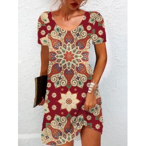 Women's Short Sleeve Summer Ethnic Jersey Dress Crew Neck Daily Going Out Casual Mini H-Line T-Shirt Dress