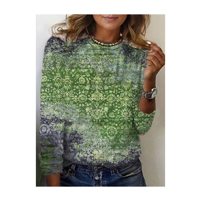 Women's Long Sleeve Tee T-shirt Spring/Fall Ethnic Jersey Crew Neck Holiday Going Out Casual Top