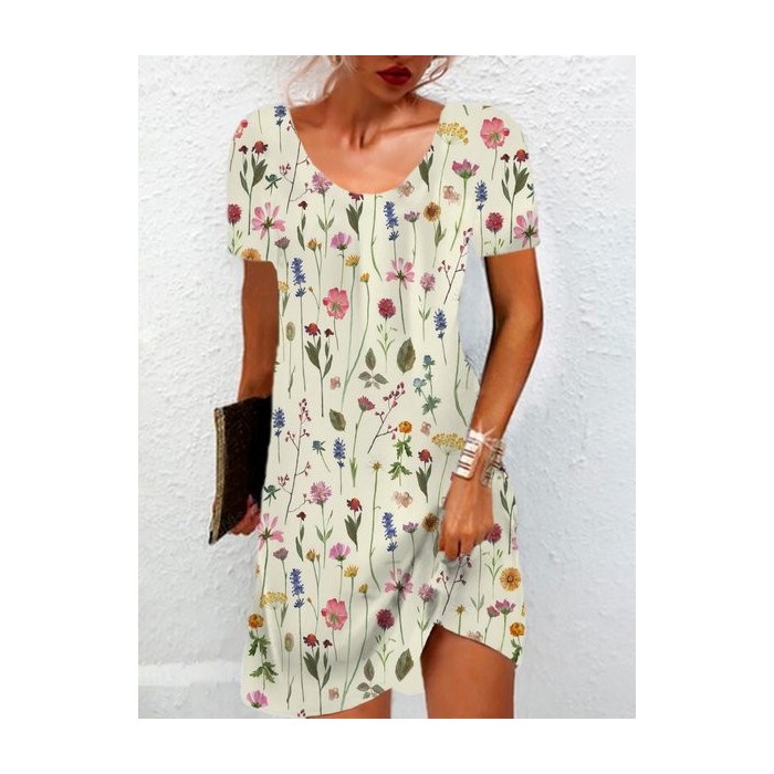 Women's Short Sleeve Summer Floral Jersey Dress Crew Neck Daily Going Out Casual Mini H-Line T-Shirt Dress