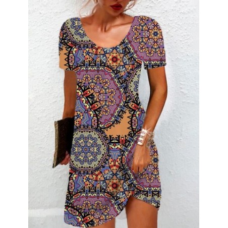 Women's Short Sleeve Summer Ethnic Jersey Dress Crew Neck Daily Going Out Casual Mini H-Line T-Shirt Dress