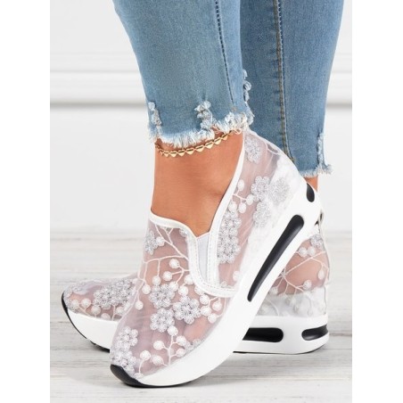 Floral Embroidery Breathable Platform Loafer Sheer Mesh Sneakers Hollow Out Tulle Comfortable Slip-On