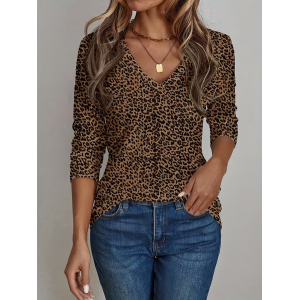 Women Leopard Long Sleeve Tee T-shirt V Neck Printing Casual Graphic Tee Spring/Fall Top