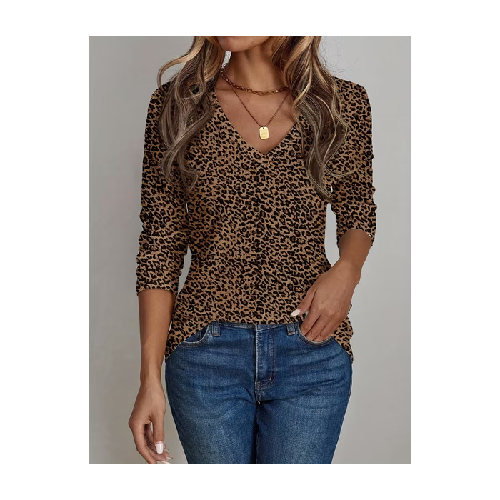 Women Leopard Long Sleeve Tee T-shirt V Neck Printing Casual Graphic Tee Spring/Fall Top