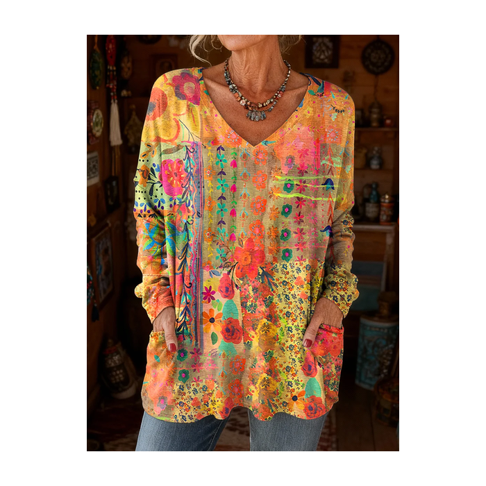 Women Floral Long Sleeve Tee T-shirt V Neck Printing Vintage Spring/Fall Top