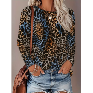 Women Leopard Long Sleeve Tee T-shirt Crew Neck Printing Casual Graphic Tee Spring/Fall Top