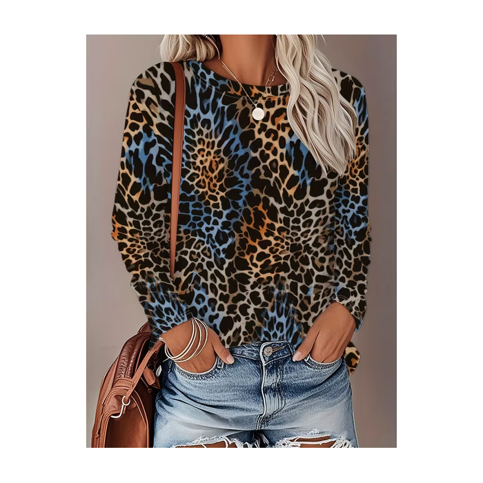 Women Leopard Long Sleeve Tee T-shirt Crew Neck Printing Casual Graphic Tee Spring/Fall Top