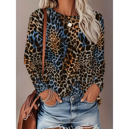 Women Leopard Long Sleeve Tee T-shirt Crew Neck Printing Casual Graphic Tee Spring/Fall Top