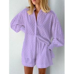 Women's Embossed Plain Daily Going Out Two-Piece Set White Casual Spring/Fall Top With Pants Matching Set