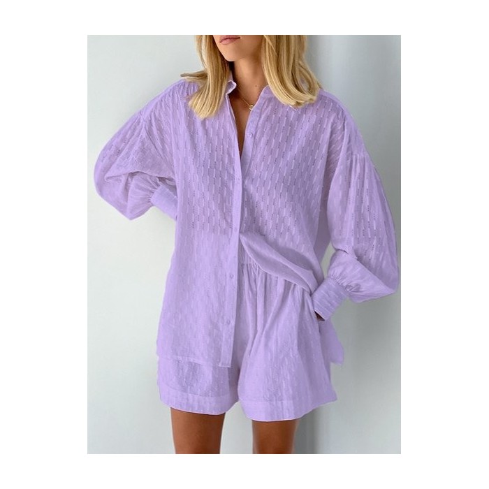 Women's Embossed Plain Daily Going Out Two-Piece Set White Casual Spring/Fall Top With Pants Matching Set