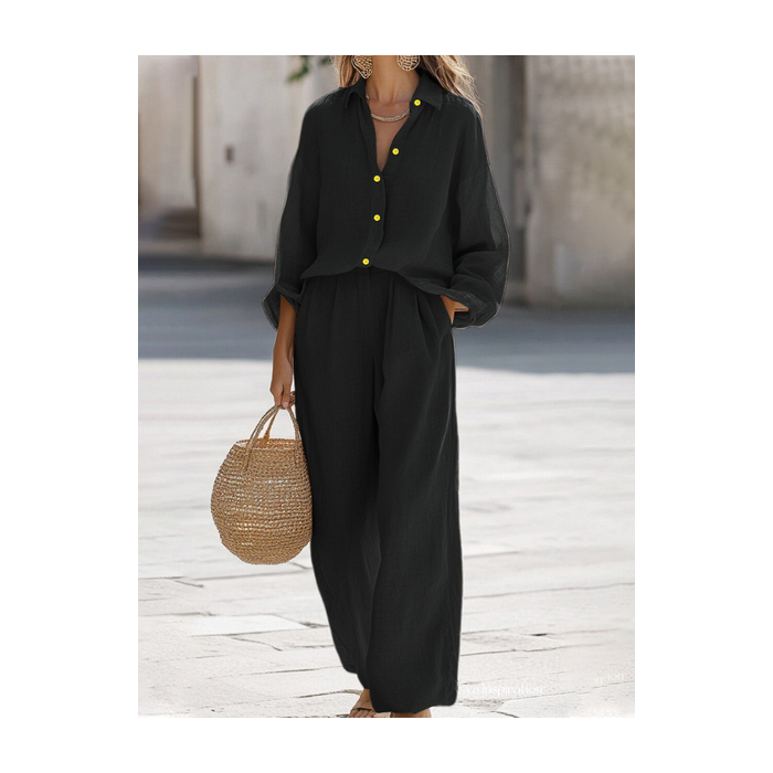 Women Plain Split Joint Two-Piece Set Daily Long Sleeve Casual Spring/Fall Top With Pants Matching Set