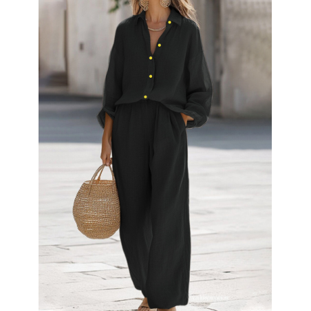 Women Plain Split Joint Two-Piece Set Daily Long Sleeve Casual Spring/Fall Top With Pants Matching Set