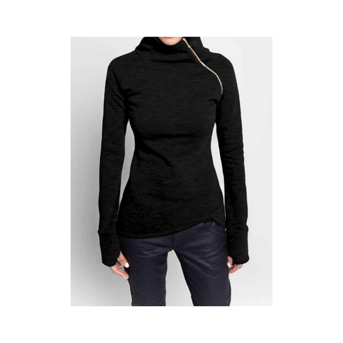 Women Plain Mock Neck Split Joint Vintage Spring/Fall Long Sleeve Sweatshirt