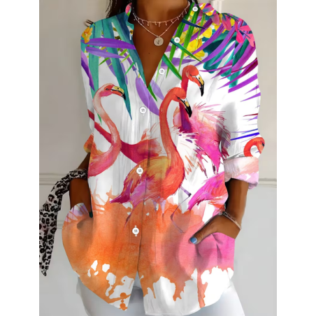 Women Flamingo Shirt Collar Long Sleeve Shirt Buckle Regular Sleeve Casual Daily Spring/Fall Top