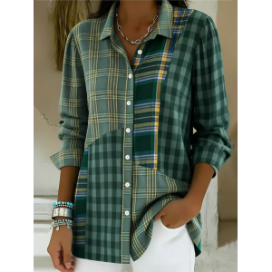 Women Plaid Shirt Collar Long Sleeve Shirt Buckle Regular Sleeve Casual Daily Spring/Fall Top