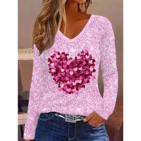Women Heart/Cordate Long Sleeve Tee T-shirt V Neck Printing Casual Graphic Tee Spring/Fall Top