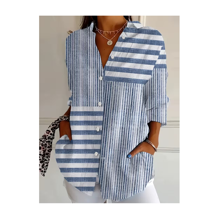 Women Striped Shirt Collar Long Sleeve Shirt Buckle Regular Sleeve Casual Daily Spring/Fall Top