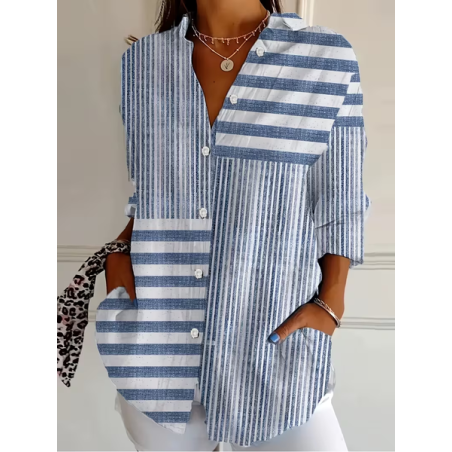 Women Striped Shirt Collar Long Sleeve Shirt Buckle Regular Sleeve Casual Daily Spring/Fall Top