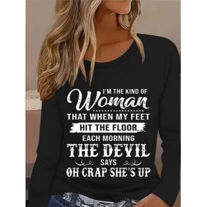 Women Text Letters Long Sleeve Tee T-shirt Crew Neck Printing Casual Graphic Tee Spring/Fall Top