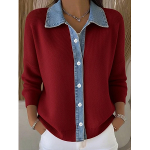 Women Multicolor Block Printed Long Sleeve Shawl Collar Casual Spring/Fall Cardigan Outerwear