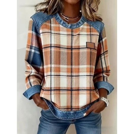 Women Plaid Crew Neck Printing Vintage Spring/Fall Long Sleeve Sweatshirt