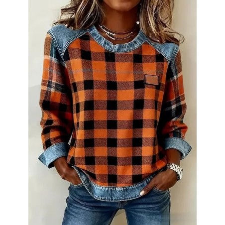Women Plaid Crew Neck Printing Vintage Spring/Fall Long Sleeve Sweatshirt