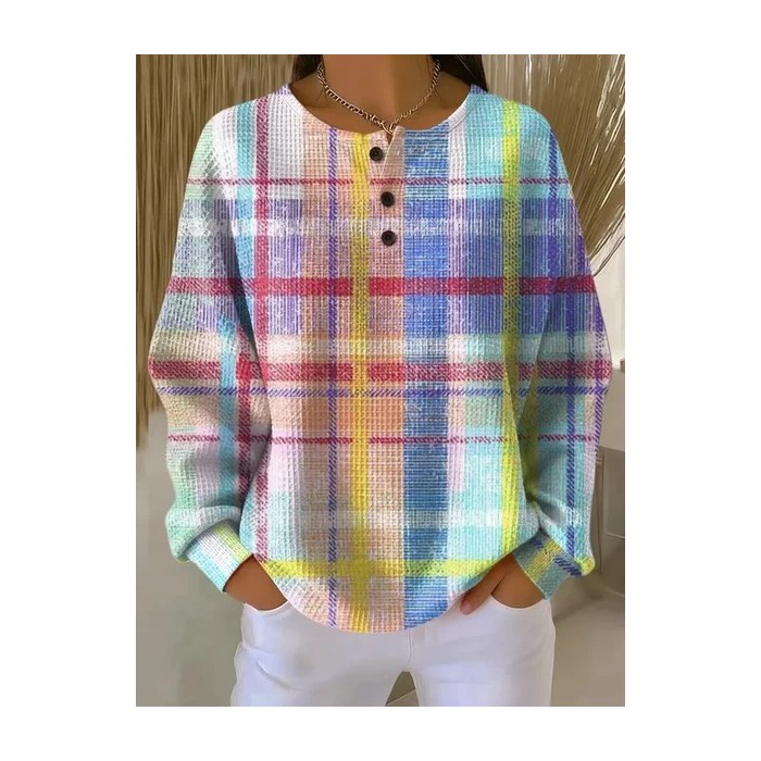 Women Abstract Plaid Crew Neck Printing Casual Spring/Fall Long Sleeve Sweatshirt