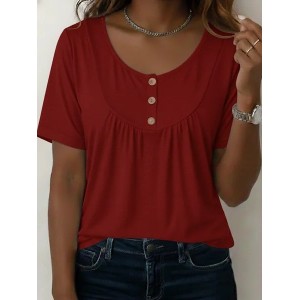 Women Plain Short Sleeve Tee T-shirt Crew Neck Buckle Casual Summer Top