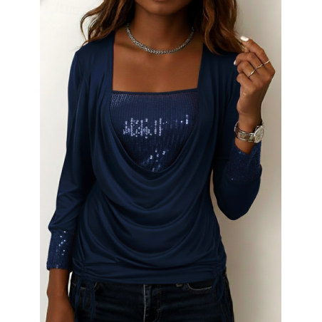 Women Plain Long Sleeve Tee T-shirt U-Neck Split Joint Vintage Spring/Fall Top