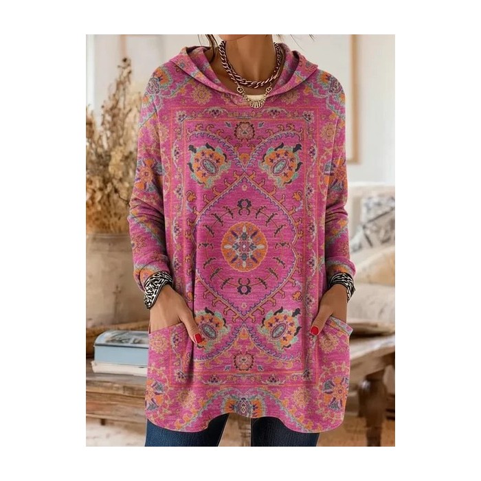Women Ethnic Spring/Fall Printing Long Sleeve Vintage Daily Hoodie