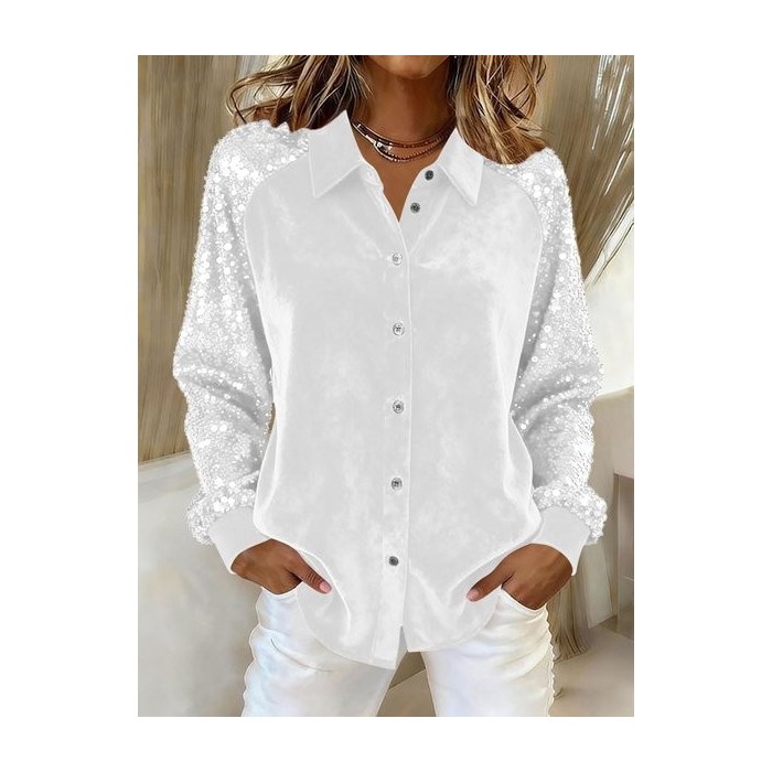 Women Plain Shawl Collar Long Sleeve Shirt Split Joint Casual Daily Spring/Fall Top