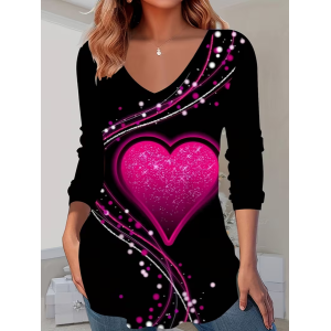Women Heart/Cordate Long Sleeve Tee T-shirt V Neck Printing Casual Graphic Tee Spring/Fall Top