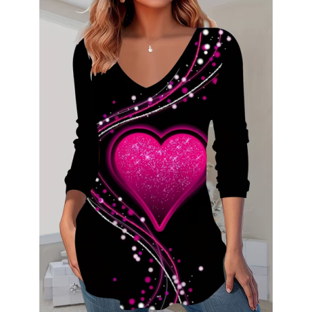 Women Heart/Cordate Long Sleeve Tee T-shirt V Neck Printing Casual Graphic Tee Spring/Fall Top