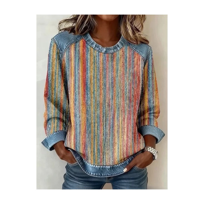 Women Abstract Stripes Crew Neck Printing Vintage Spring/Fall Long Sleeve Sweatshirt