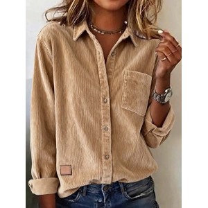 Women's Long Sleeve Shirt Spring/Fall Camel Plain Split Joint Polyester Cotton Shawl Collar Daily Going Out Casual Top