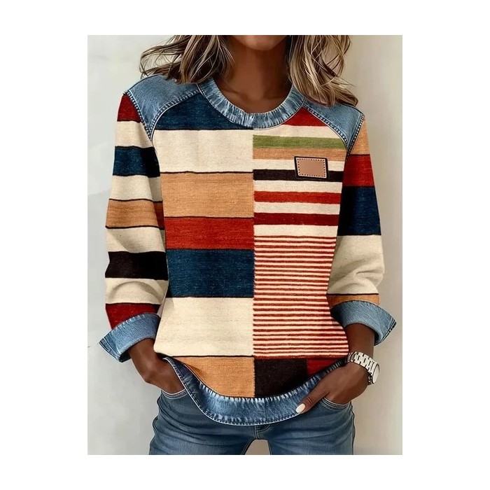 Women Abstract Crew Neck Printing Vintage Spring/Fall Long Sleeve Sweatshirt