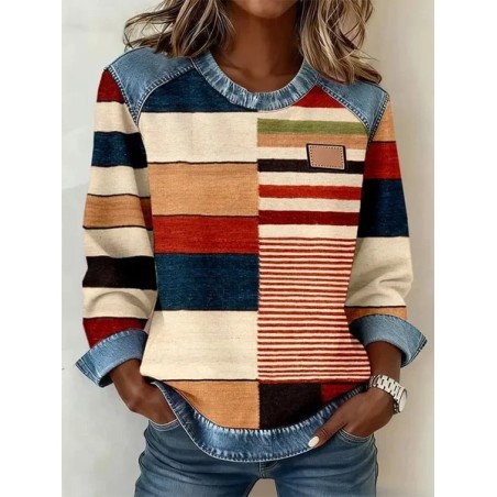 Women Abstract Crew Neck Printing Vintage Spring/Fall Long Sleeve Sweatshirt
