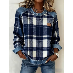 Women Plaid Crew Neck Printing Vintage Spring/Fall Long Sleeve Sweatshirt