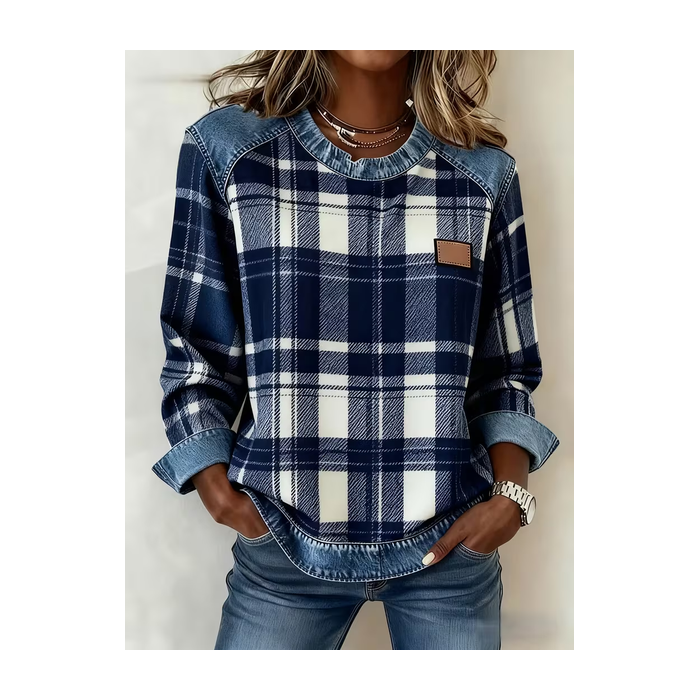 Women Plaid Crew Neck Printing Vintage Spring/Fall Long Sleeve Sweatshirt