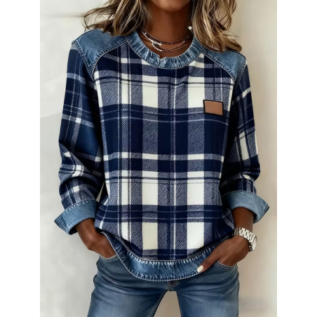 Women Plaid Crew Neck Printing Vintage Spring/Fall Long Sleeve Sweatshirt